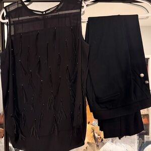 Black Sleeveless Embellished Top & Pants Set - Women's